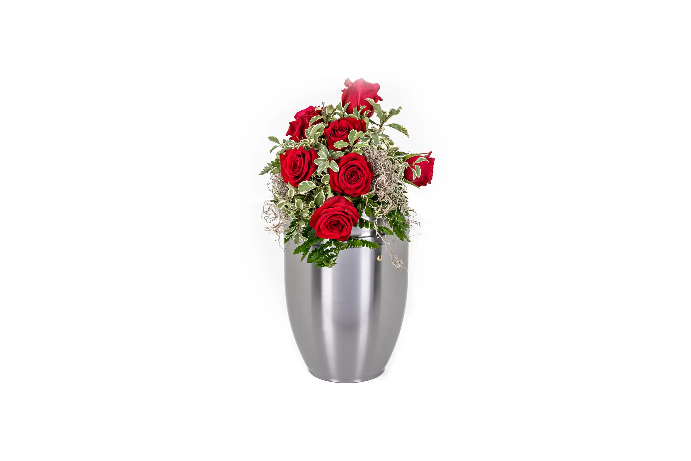 Trauerfloristik | Blumengebinde auf der Urne | Rote Rosen